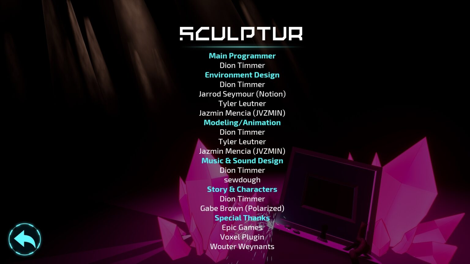 Game Credits for Sculptur, a game made by Dion Timmer, music by SewDough